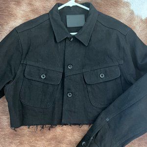 cropped raw hem black japanese denim jacket